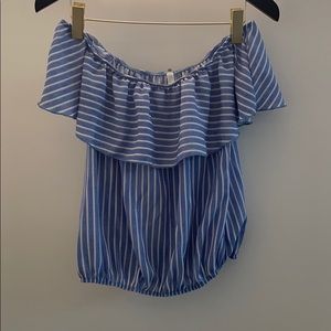 Blue and white striped off the shoulder blouse